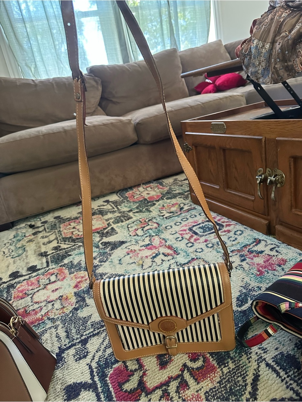 Fendi Black and White Striped Canvas Crossbody with Tan Leather Trim